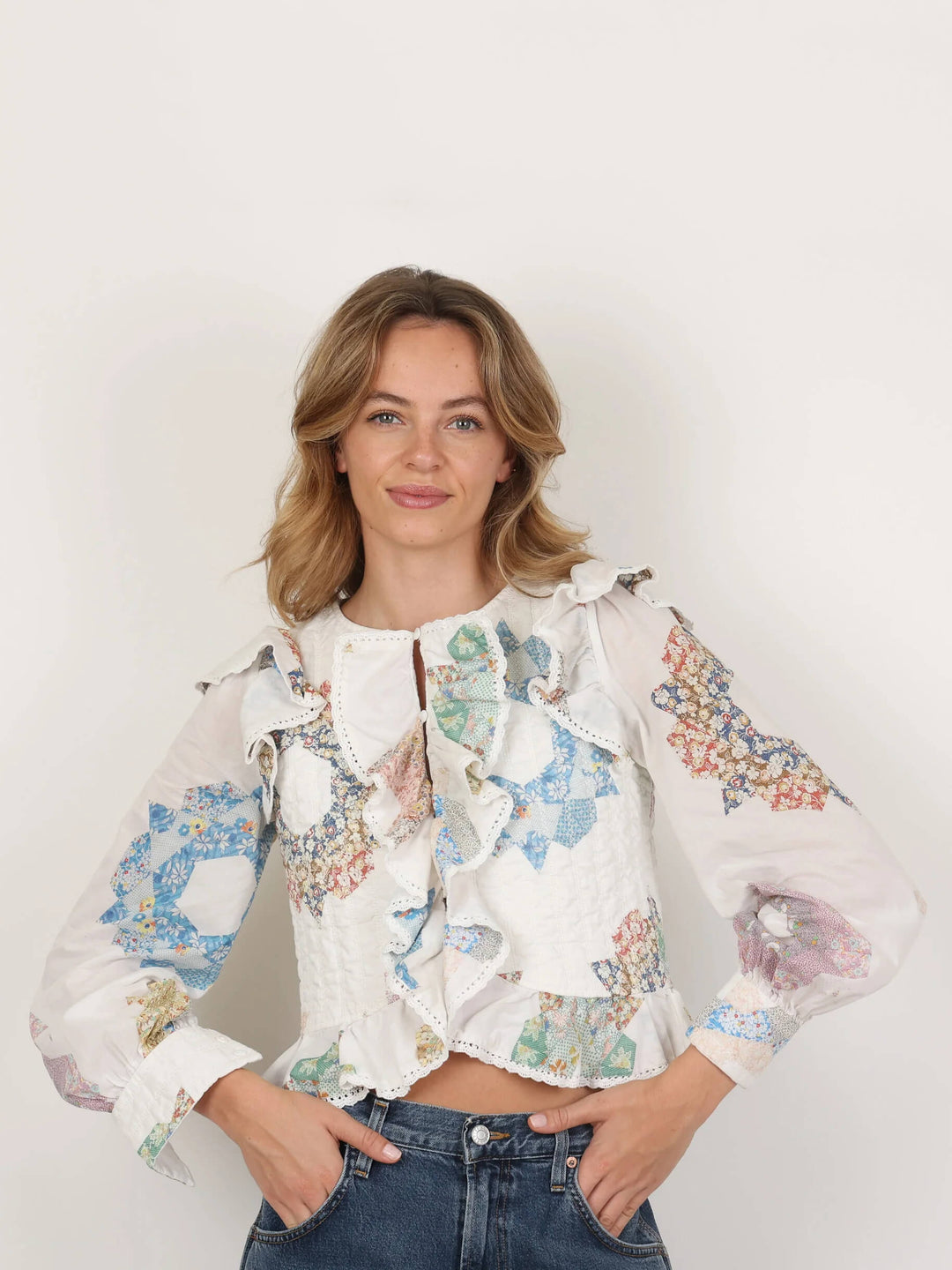 Sofie | Blouse met Patchwork Print en Ruffle Details