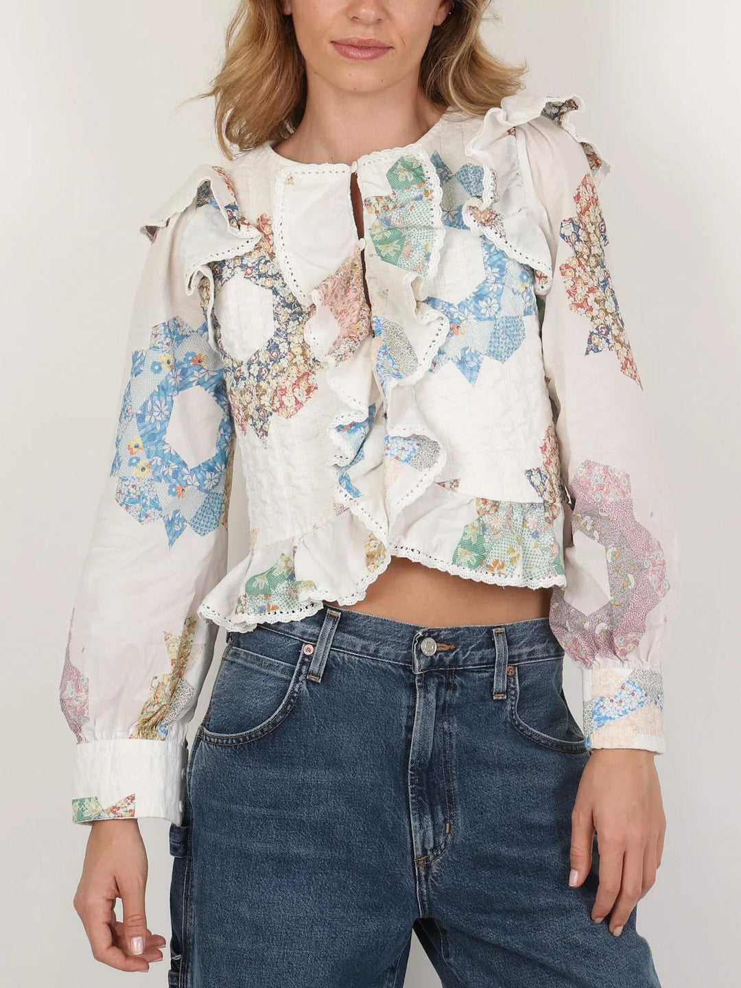 Sofie | Blouse met Patchwork Print en Ruffle Details