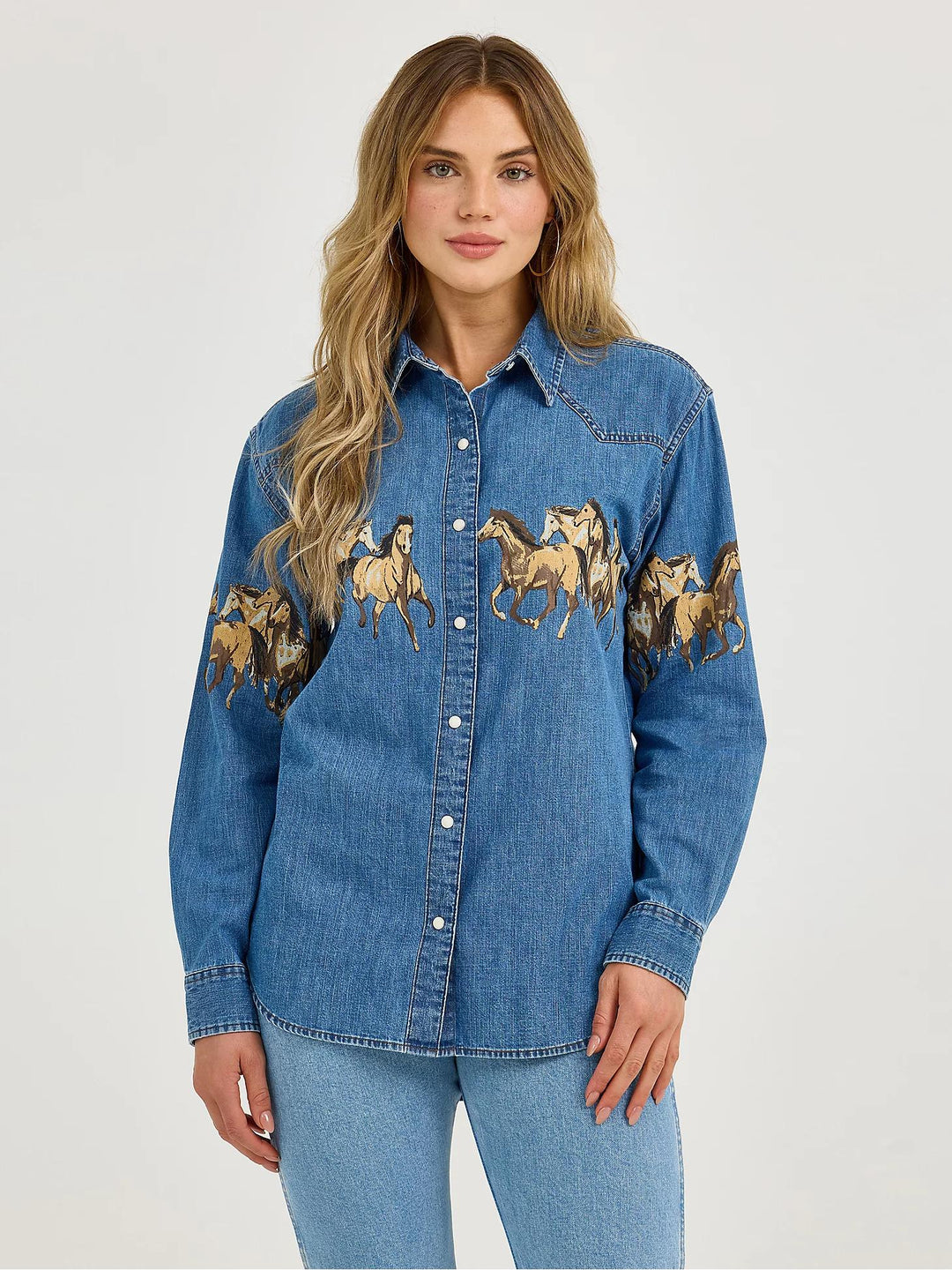 Eva | Denim Blouse met Paardenprint en Klassieke Kraag