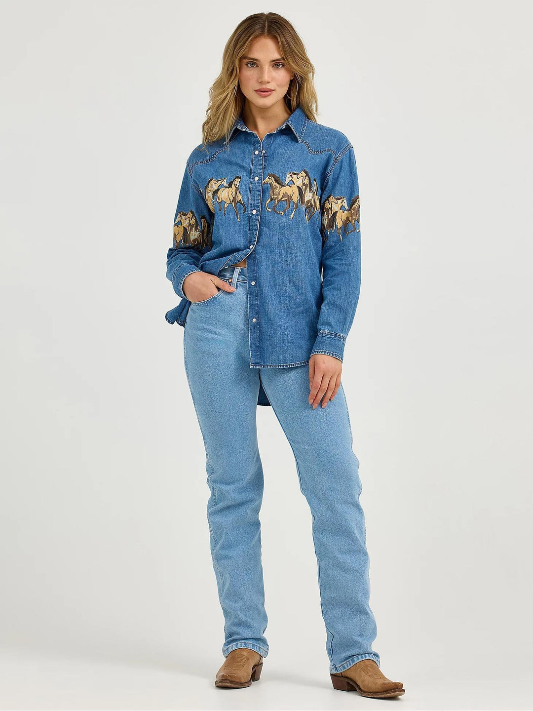 Eva | Denim Blouse met Paardenprint en Klassieke Kraag