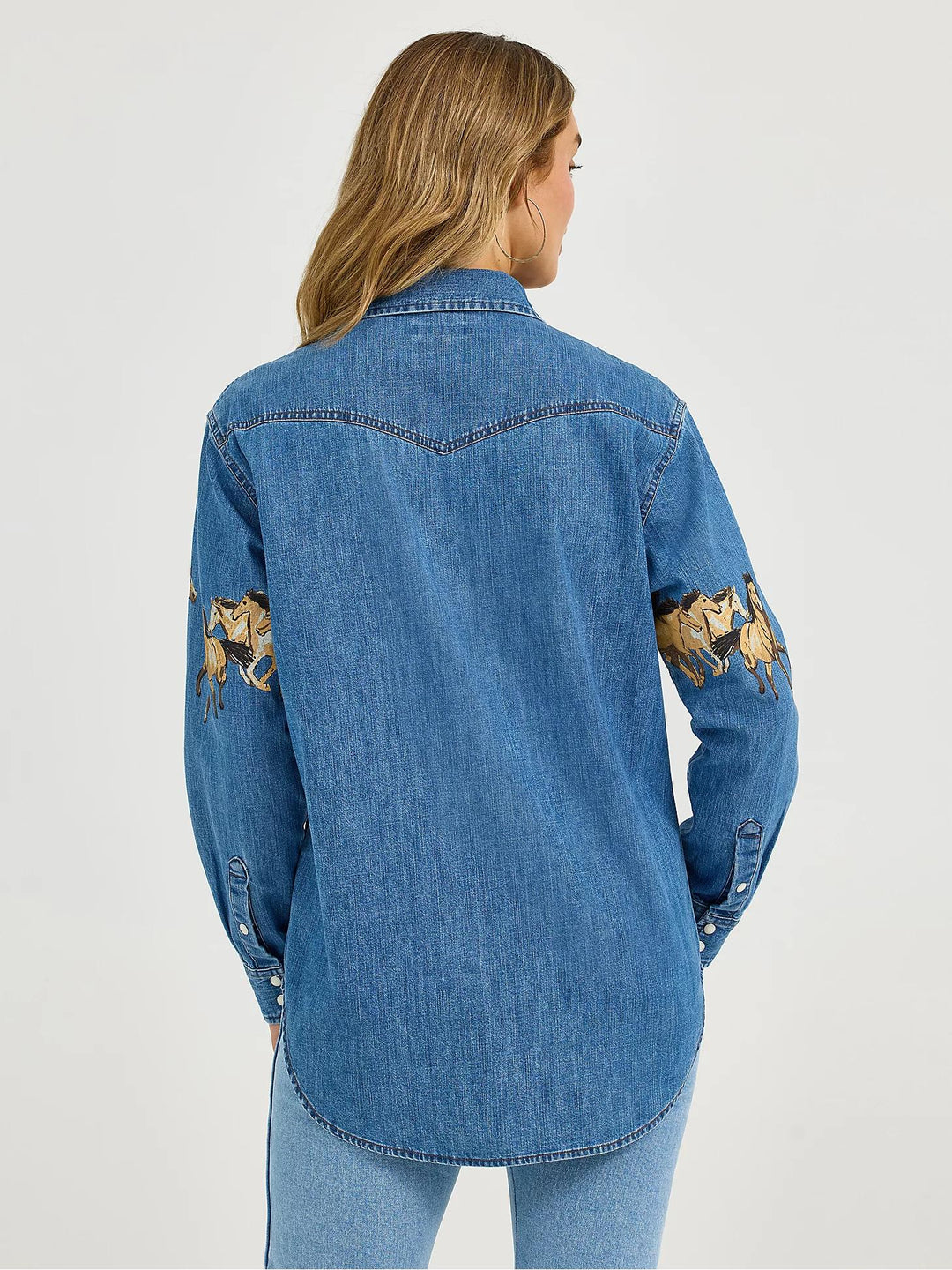 Eva | Denim Blouse met Paardenprint en Klassieke Kraag