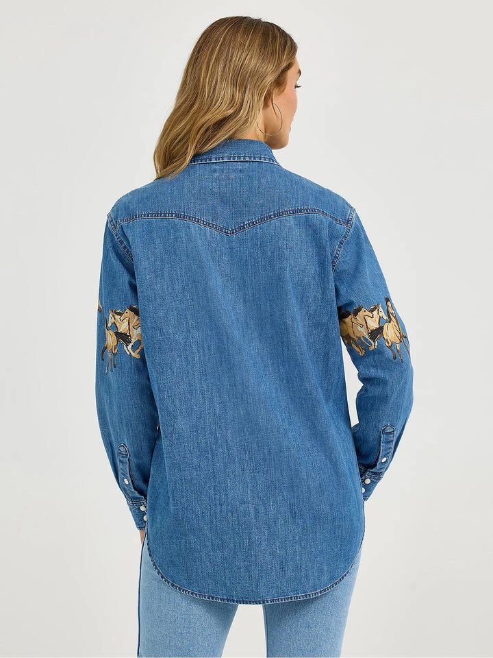 Eva | Denim Blouse met Paardenprint en Klassieke Kraag