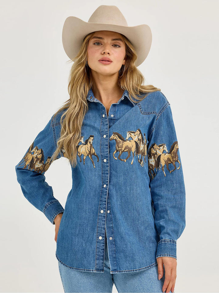 Eva | Denim Blouse met Paardenprint en Klassieke Kraag