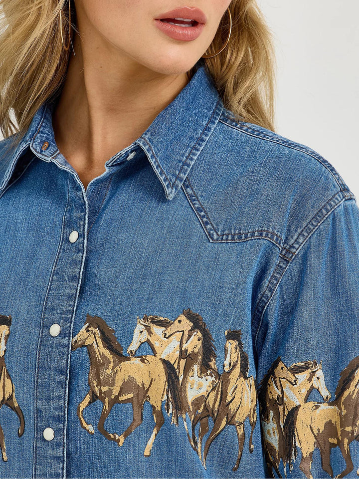 Eva | Denim Blouse met Paardenprint en Klassieke Kraag