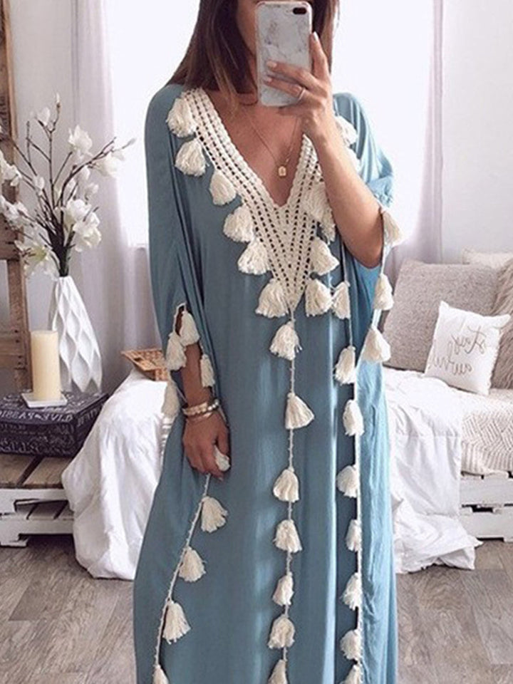 Fien | Maxi Kaftan Jurk met Kwastjes en Borduurdetail