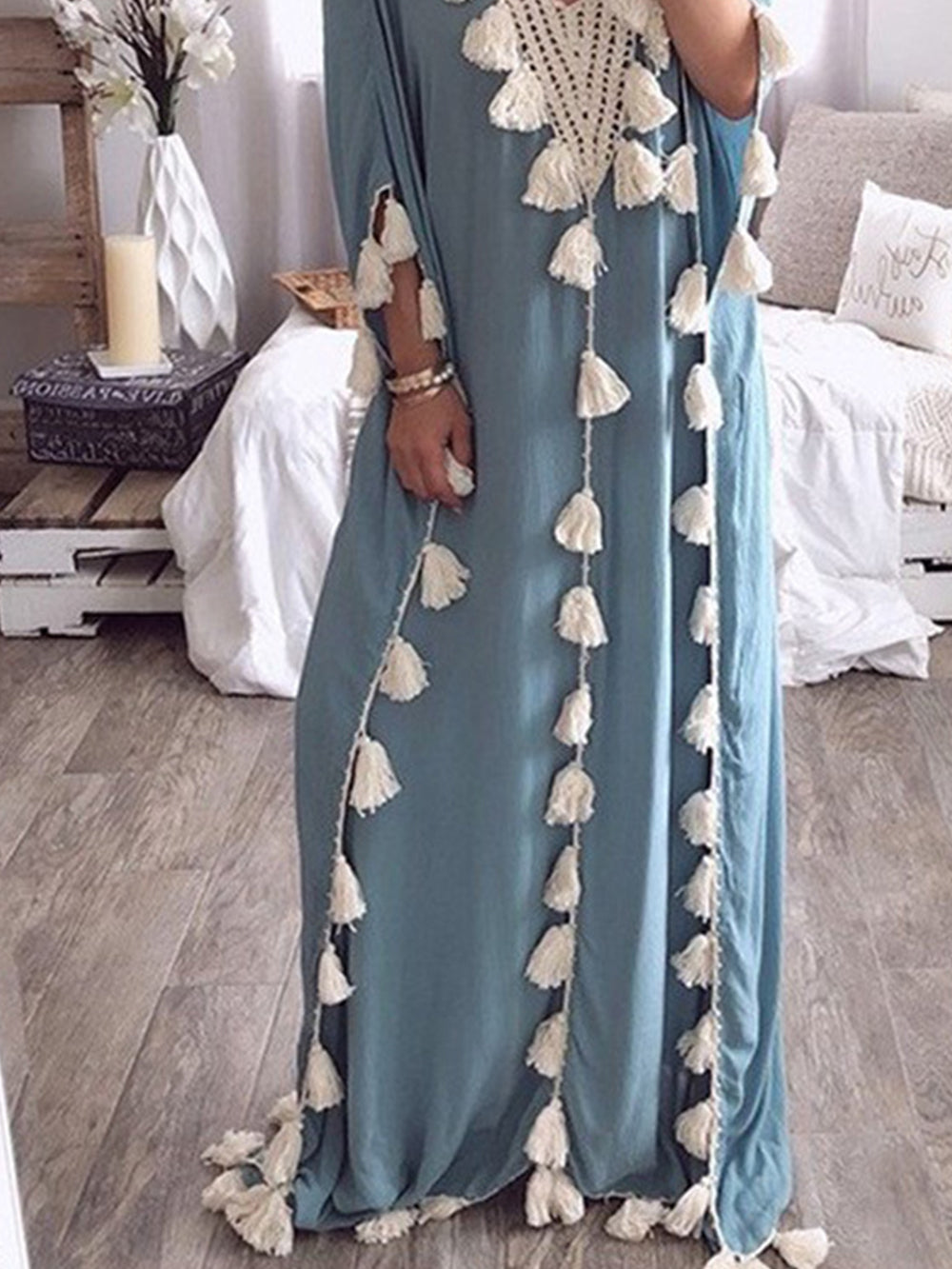 Fien | Maxi Kaftan Jurk met Kwastjes en Borduurdetail