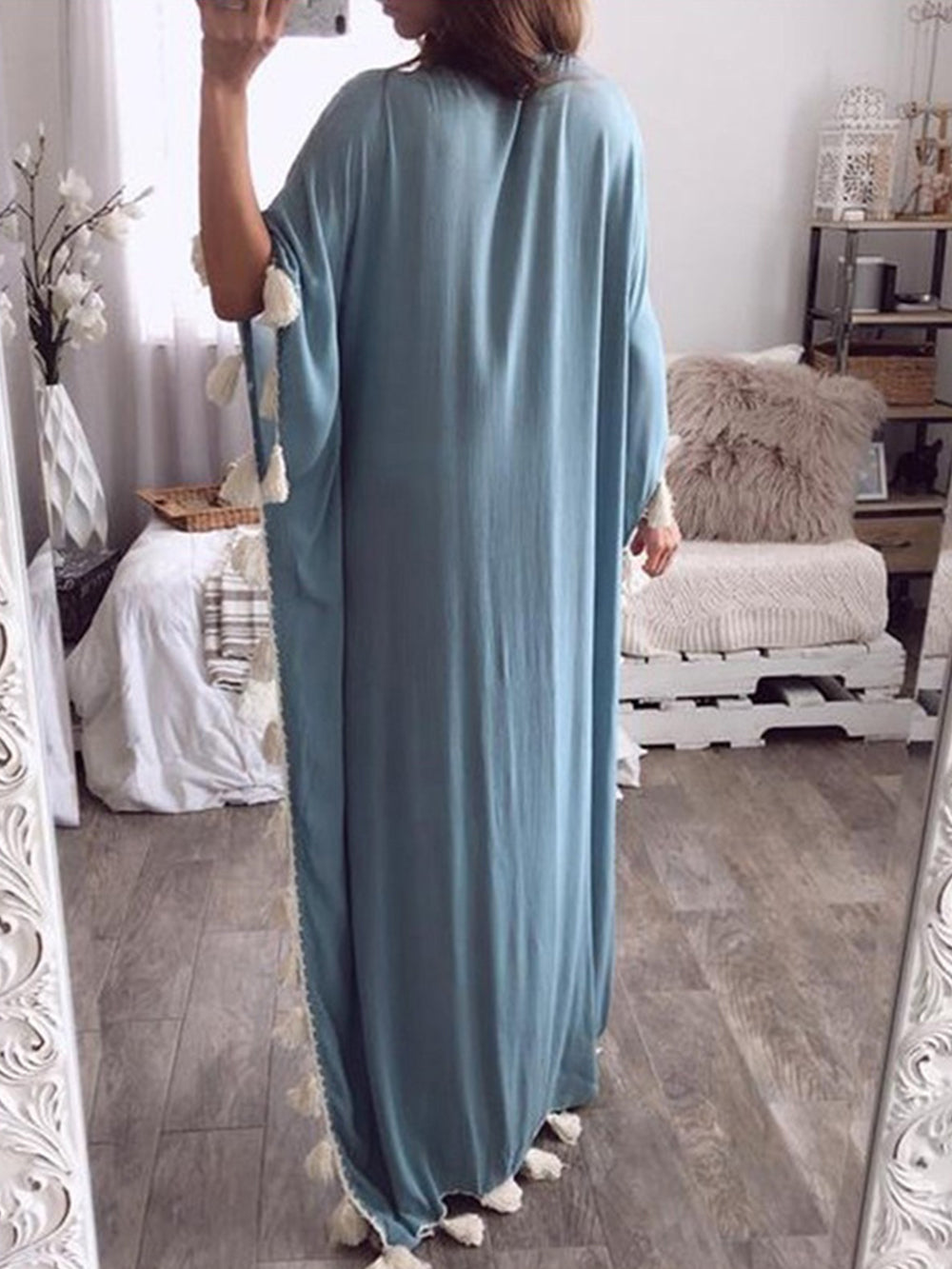 Fien | Maxi Kaftan Jurk met Kwastjes en Borduurdetail