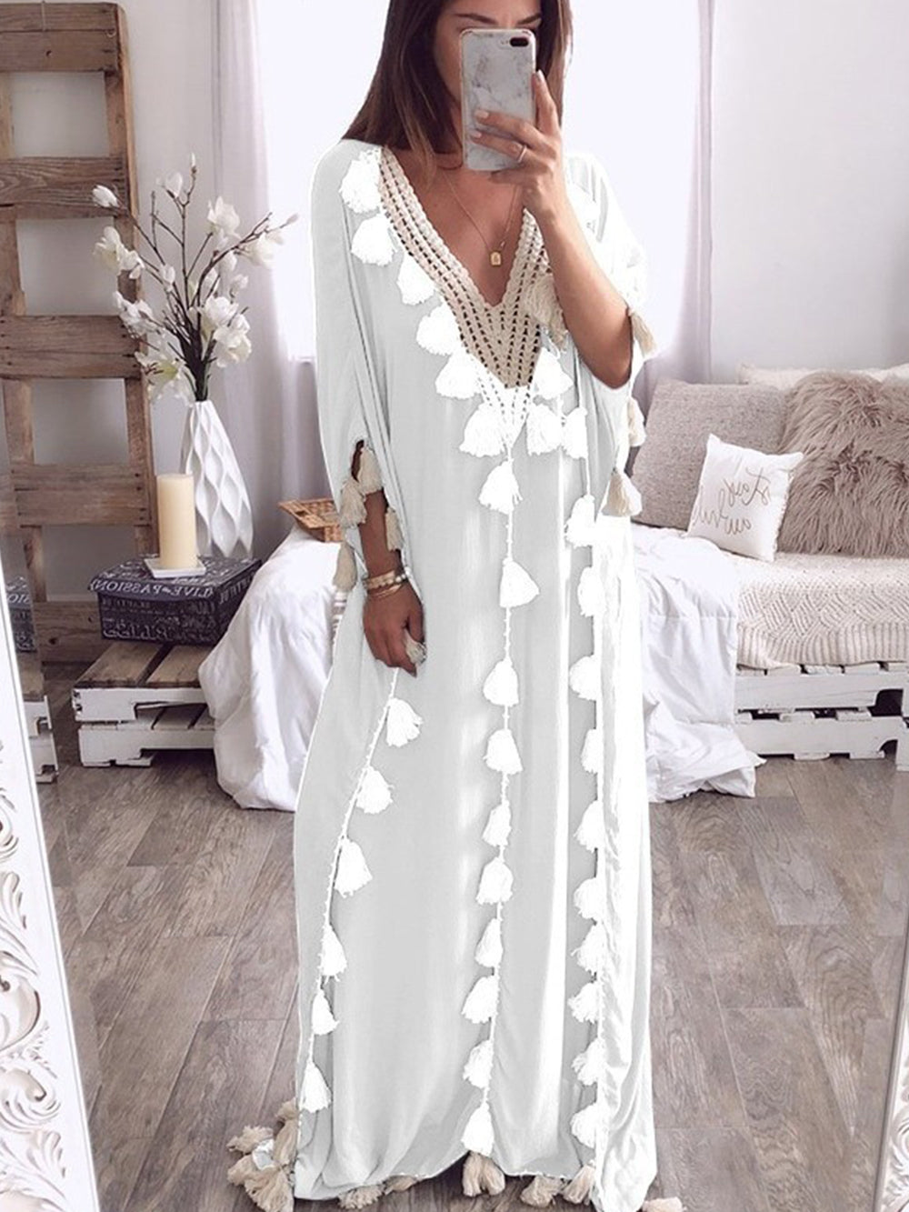 Fien | Maxi Kaftan Jurk met Kwastjes en Borduurdetail
