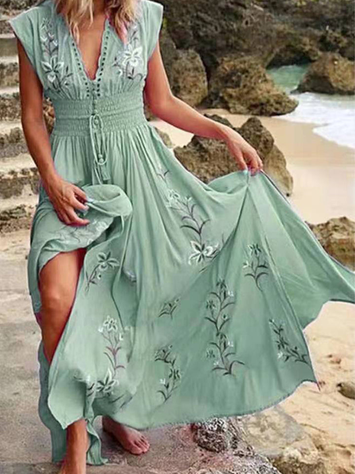 Sophie | Maxi Jurk met Borduursels en Strikdetail
