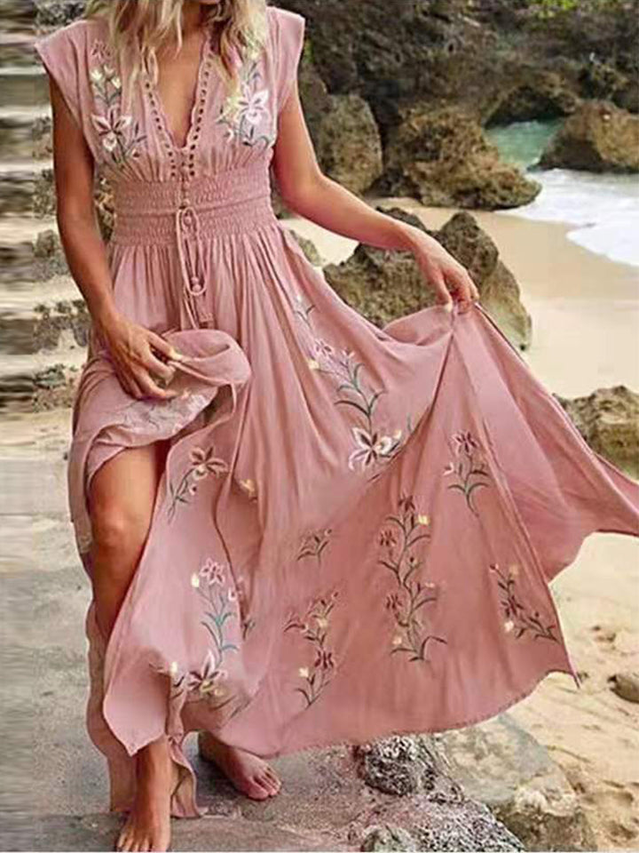 Sophie | Maxi Jurk met Borduursels en Strikdetail