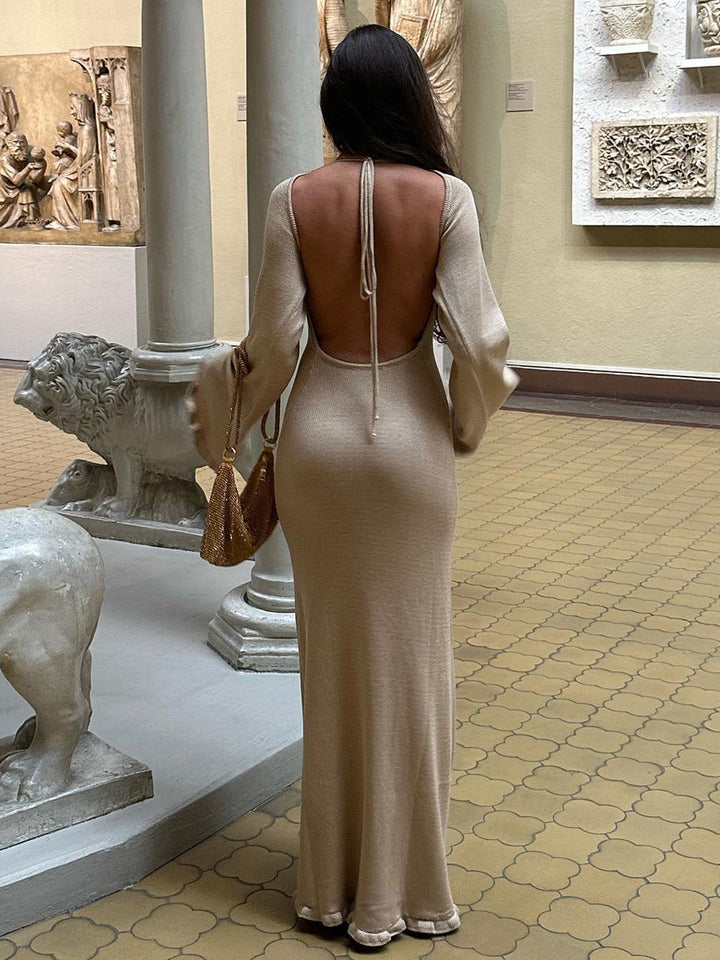 Mireille | Maxi Jurk met Open Rug en Flared Mouwen