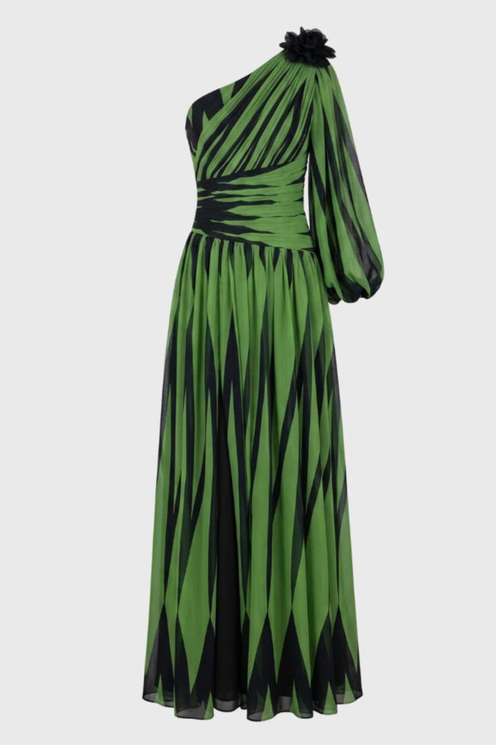 Valeria | One-Shoulder Maxi Jurk met Statement Print en Bloemdetail