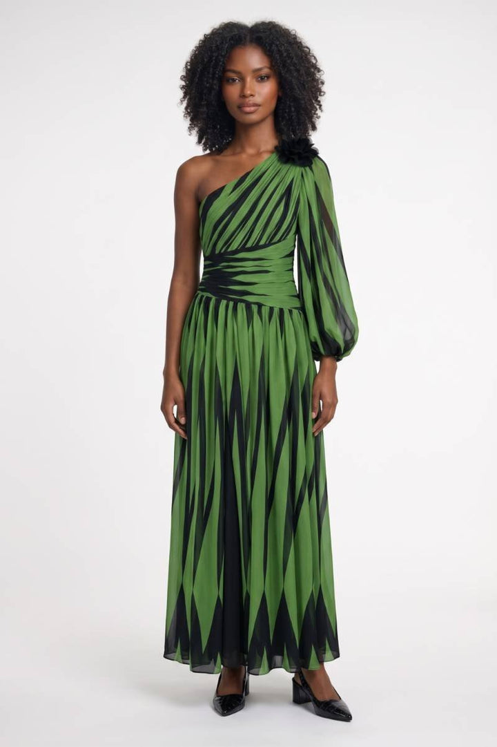 Valeria | One-Shoulder Maxi Jurk met Statement Print en Bloemdetail