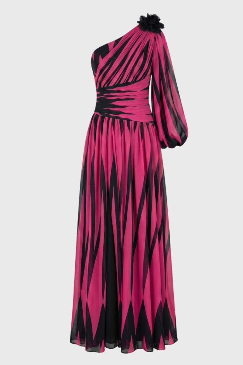 Valeria | One-Shoulder Maxi Jurk met Statement Print en Bloemdetail
