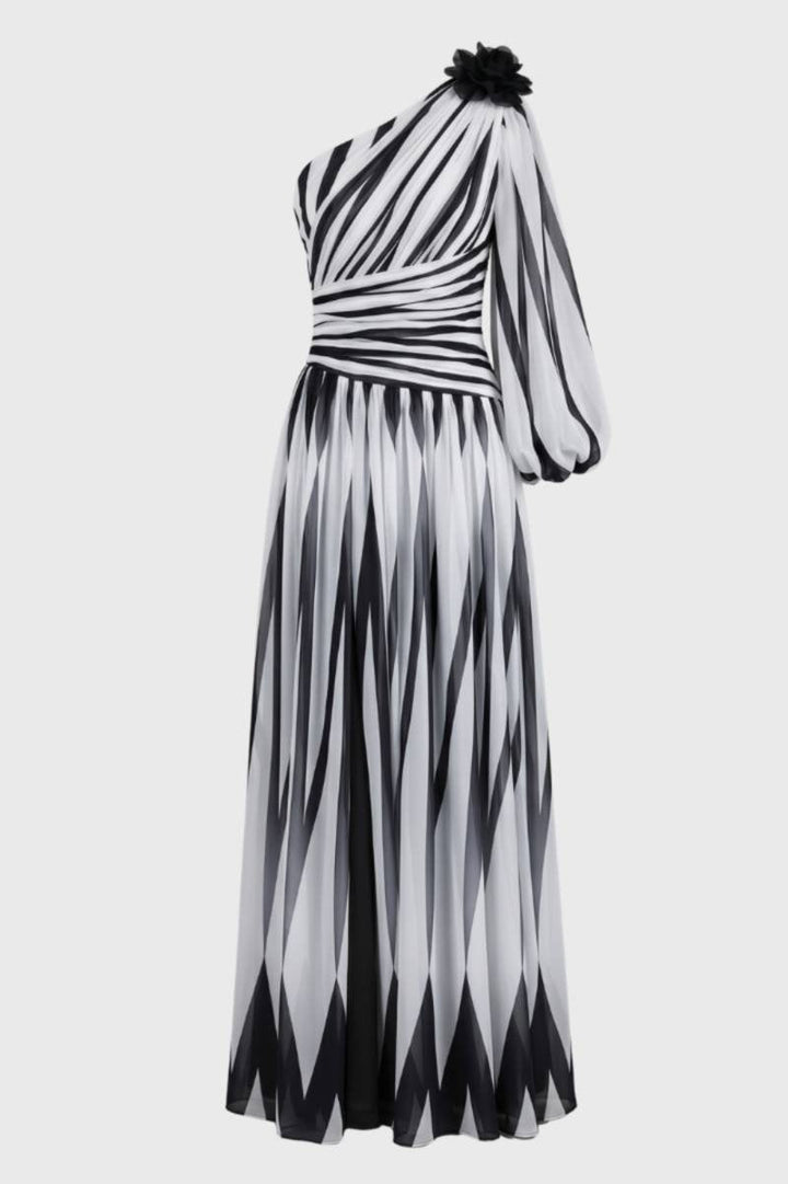 Valeria | One-Shoulder Maxi Jurk met Statement Print en Bloemdetail