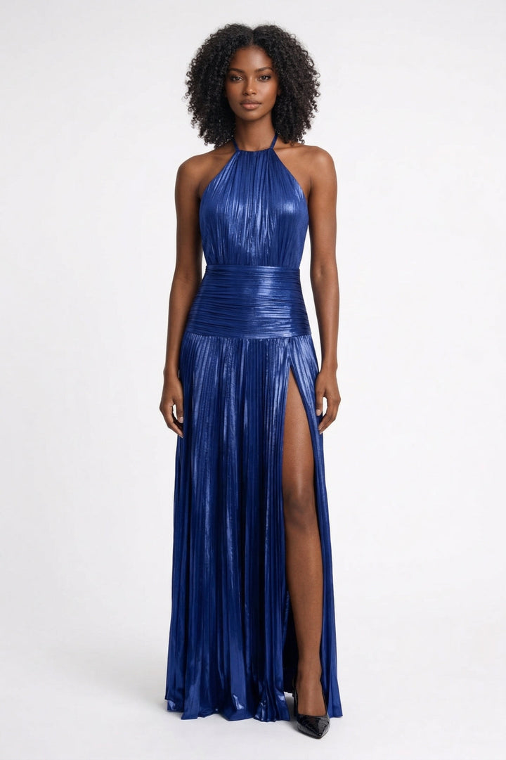 Amara | Luxe Halter Maxi Jurk met Plooien en Split