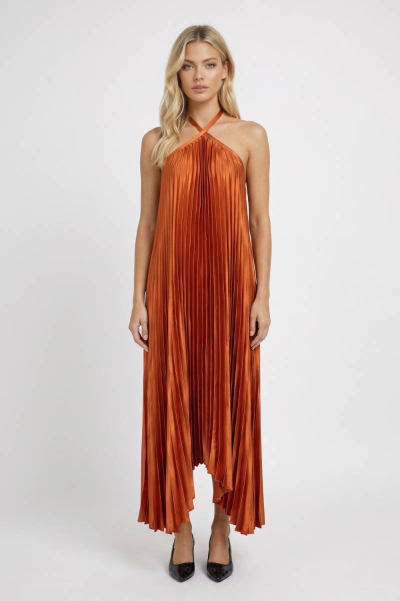 Lina | Geplisseerde Halterjurk met Asymmetrische Zoom